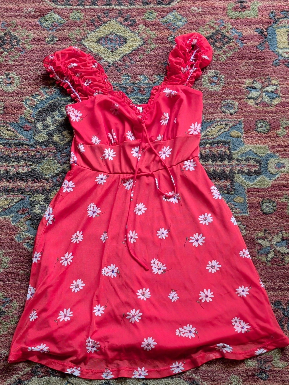 Inspired Hearts Red Floral Ruffle-Shoulder Slip Dress